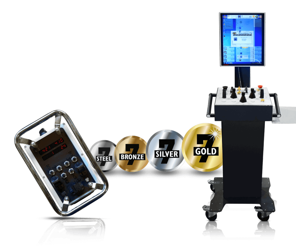 SEVEN CNC control stand, handheld Bluetooth unit and the four SEVEN versions