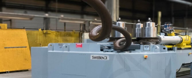 3D rendering of pipe bending and tube spiralling on SweBend SB3-240S section bending machines