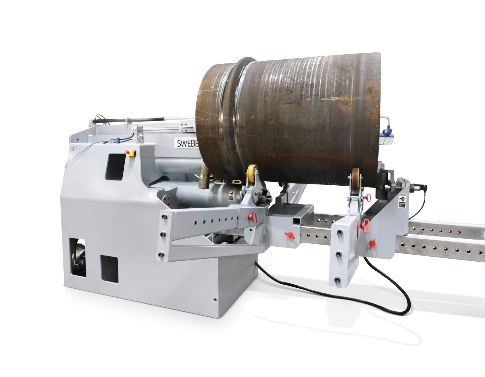 Joggled Steel Cylinder – SweBend JM-140 SweBend JM-140 joggling machine with a heavy-wall steel cylinder showing rolled circumferential stiffening grooves