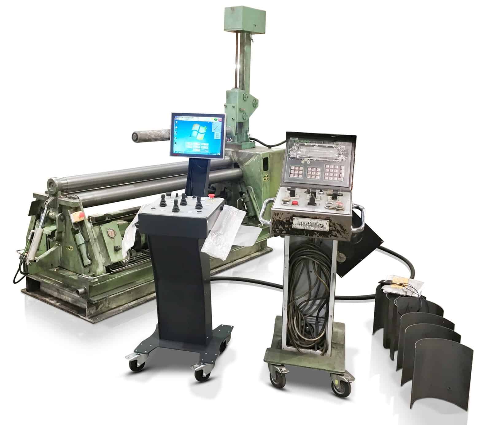 Analog plate roll retrofitted with a SweBend SEVEN CNC control station, standing beside the machine's original analog control cabinet