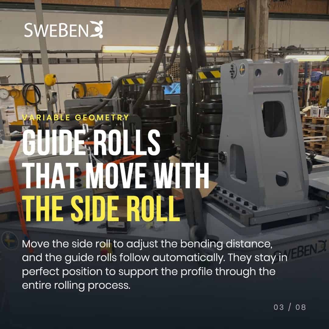 Full-size hydraulic guide rolls integrated into the side roll unit of a SweBend VSB3-70 CNC section bending machine