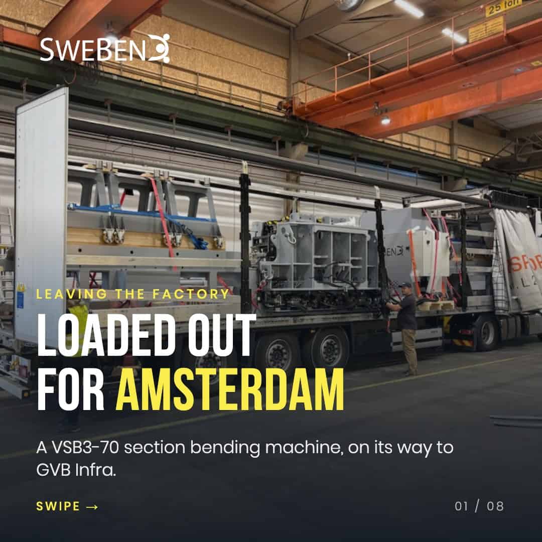 SweBend VSB3-70 CNC section bending machine loaded on a flatbed trailer in the SweBend factory, bound for GVB Infra in Amsterdam