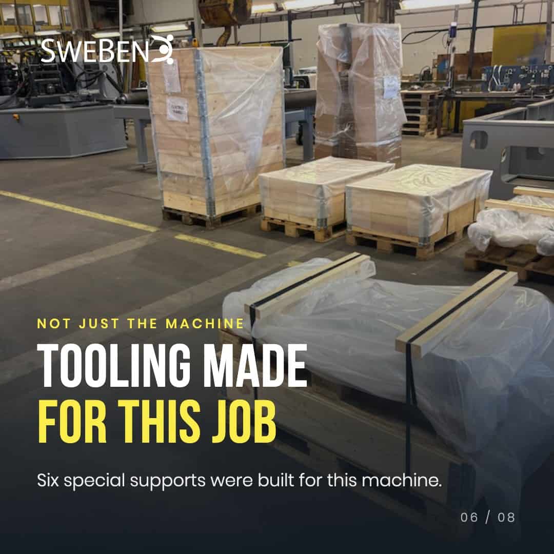 Tooling and six special supports for the SweBend VSB3-70 CNC section bending machine, crated for transport